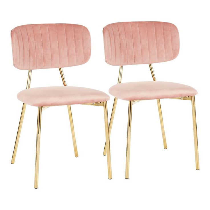 pair of pink velvet chairs with gold metal legs and backrests, set of 2