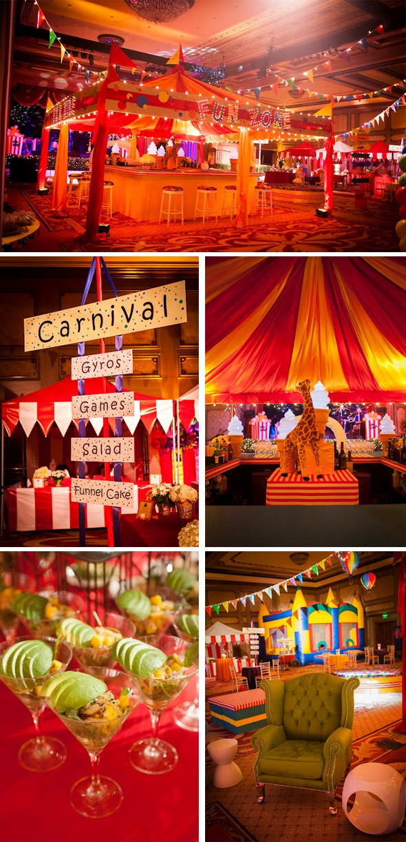 several pictures of an indoor event with red and yellow tents, green chairs, and tables