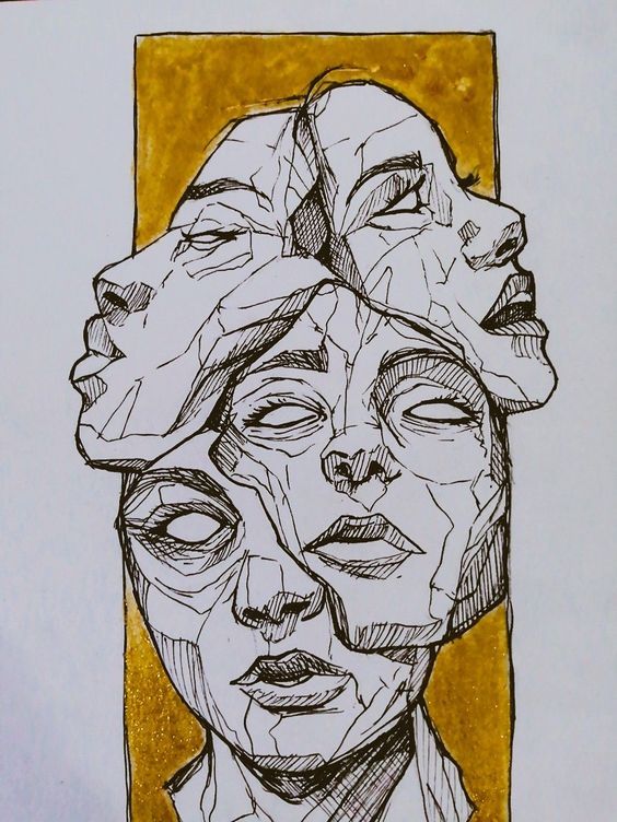 a black and white drawing of a woman's head with two faces on it