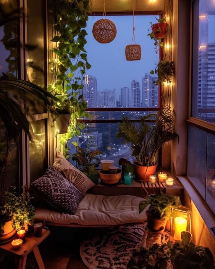 an apartment balcony with plants and candles on the windowsills, lit by string lights