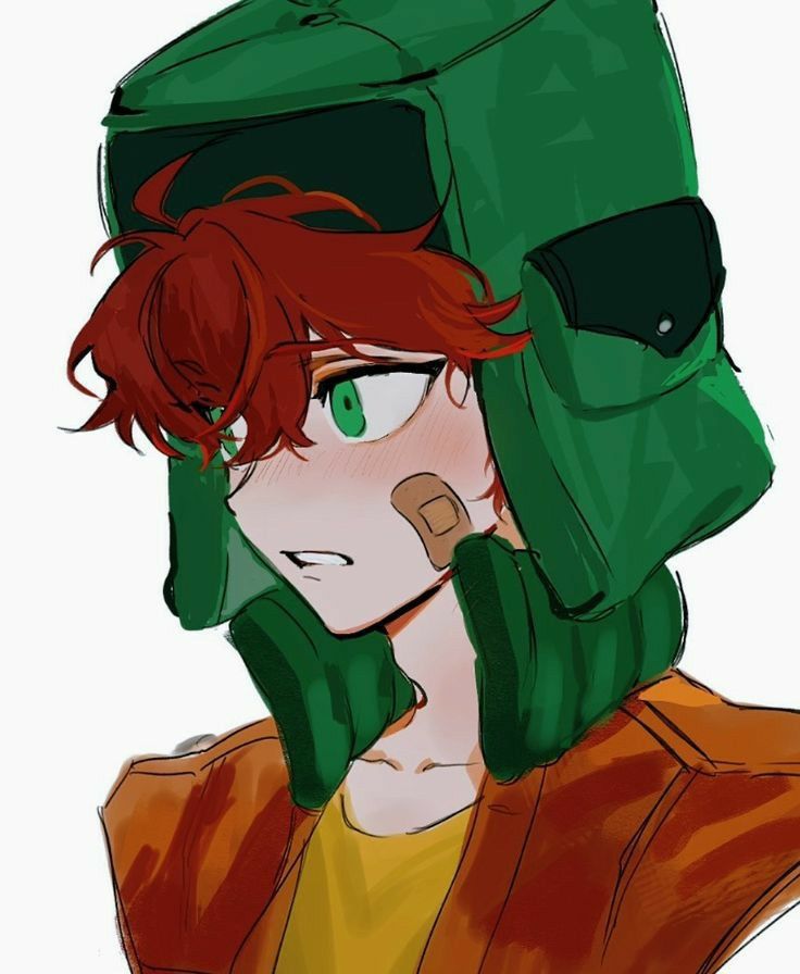 a drawing of a man with red hair and green eyes wearing a helmet on his head