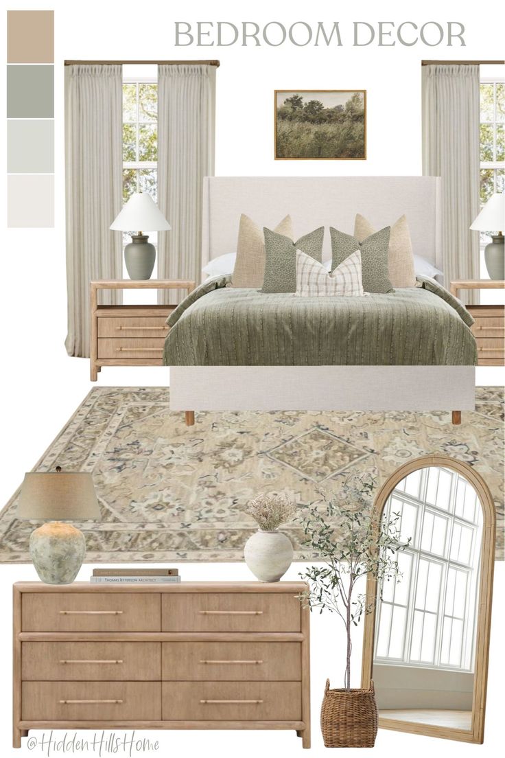 the bedroom is decorated in neutrals and browns