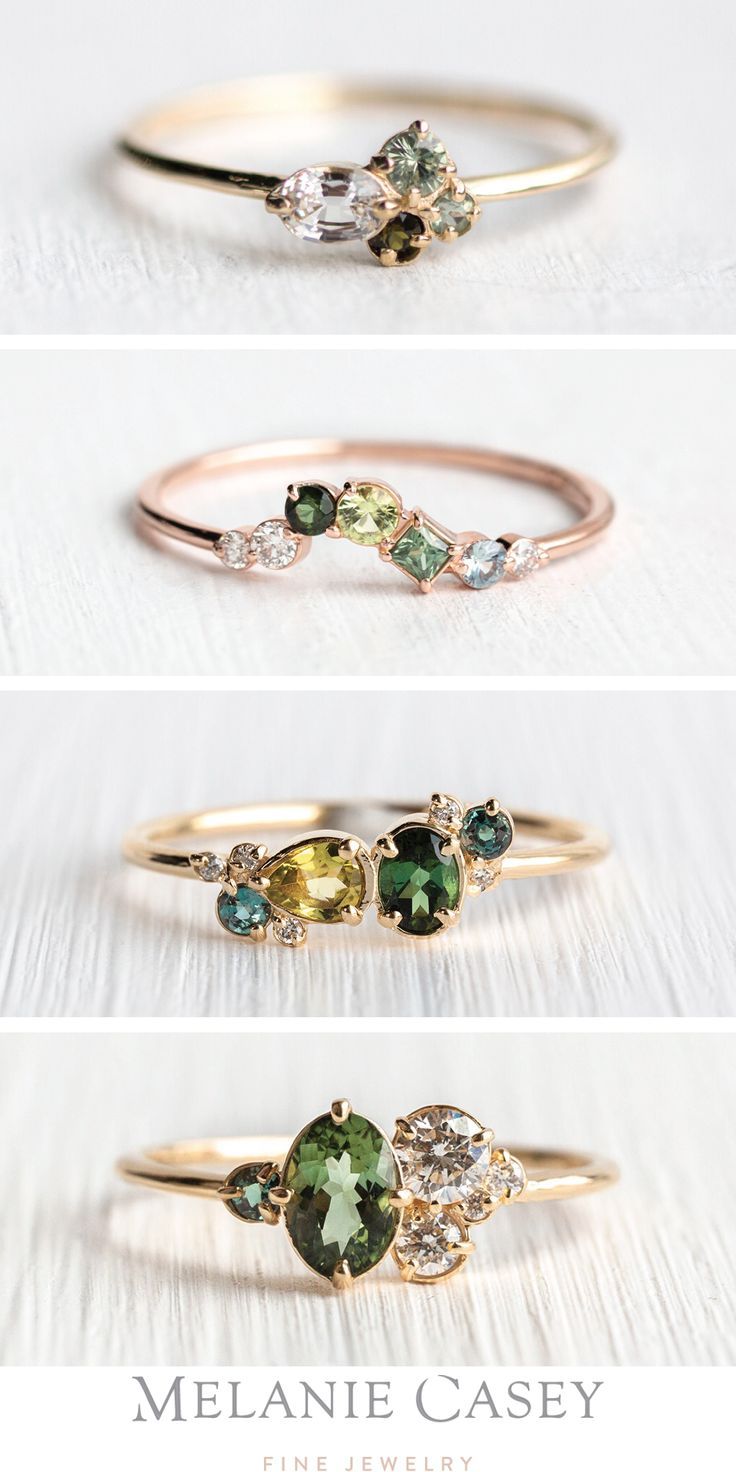 three different types of rings with diamonds and gems on the sides, one in yellow gold