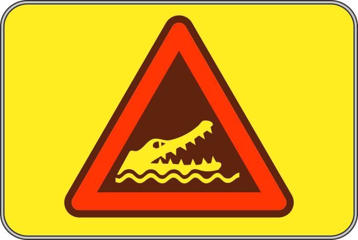 a triangle sign with an alligator in the water on it's side, warning about crocodiles