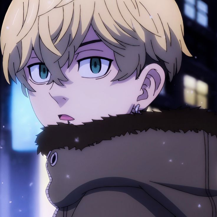 an anime character with blonde hair and blue eyes looking off into the distance, in front of a cityscape