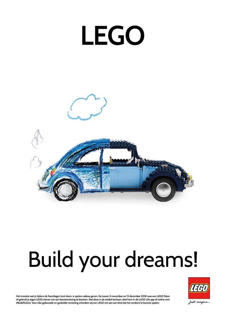 an advertisement for lego featuring a blue car with the words build your dreams on it