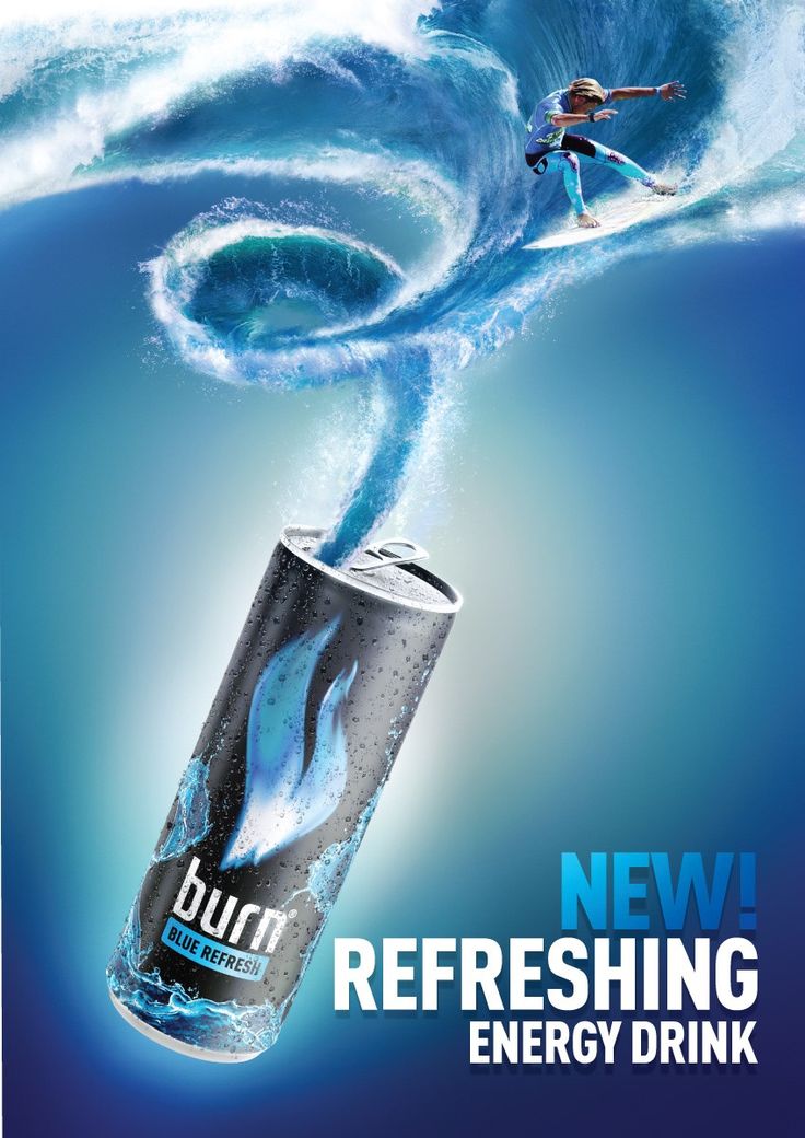 an advertisement for the new refreshing energy drink, featuring a man surfing on a wave