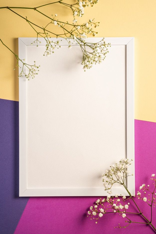 an empty white frame with flowers on a multi - colored background, next to it is a purple and yellow wall