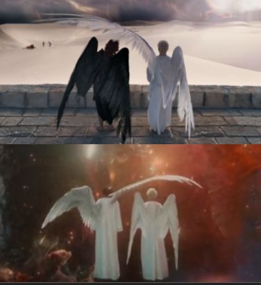 two pictures one with white wings and the other with black wings in front of an alien landscape