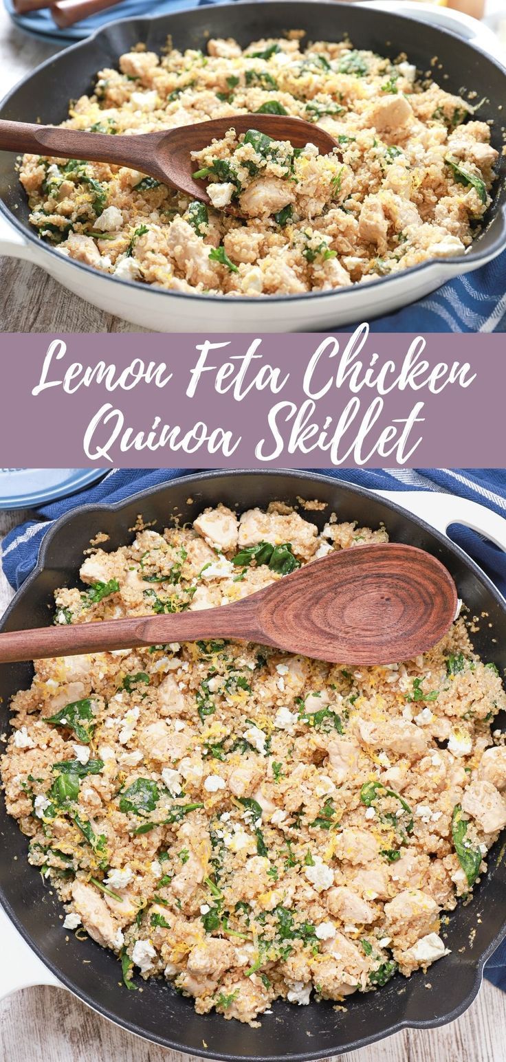 lemon feta chicken quinoa skillet dish in a white cast iron skillet Essen, Lemon Feta Chicken, Chicken Quinoa Recipes, Quinoa Skillet, Feta Chicken, Feta Recipes, Chicken Quinoa, Spinach Stuffed Chicken, Mediterranean Diet Recipes