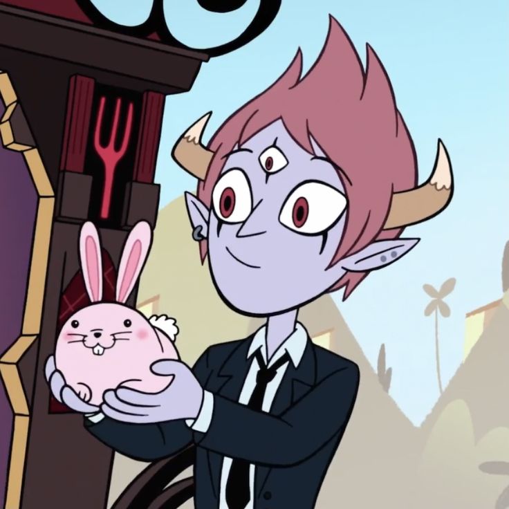 a cartoon character holding a rabbit in front of a clock with horns on it's head