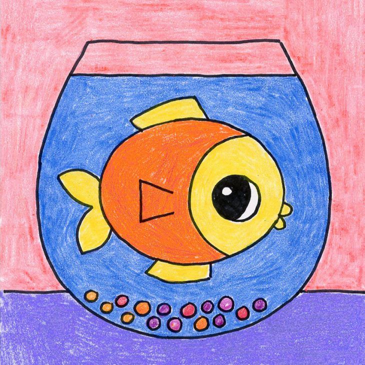 a drawing of a goldfish in a fish bowl with colored pencils on paper