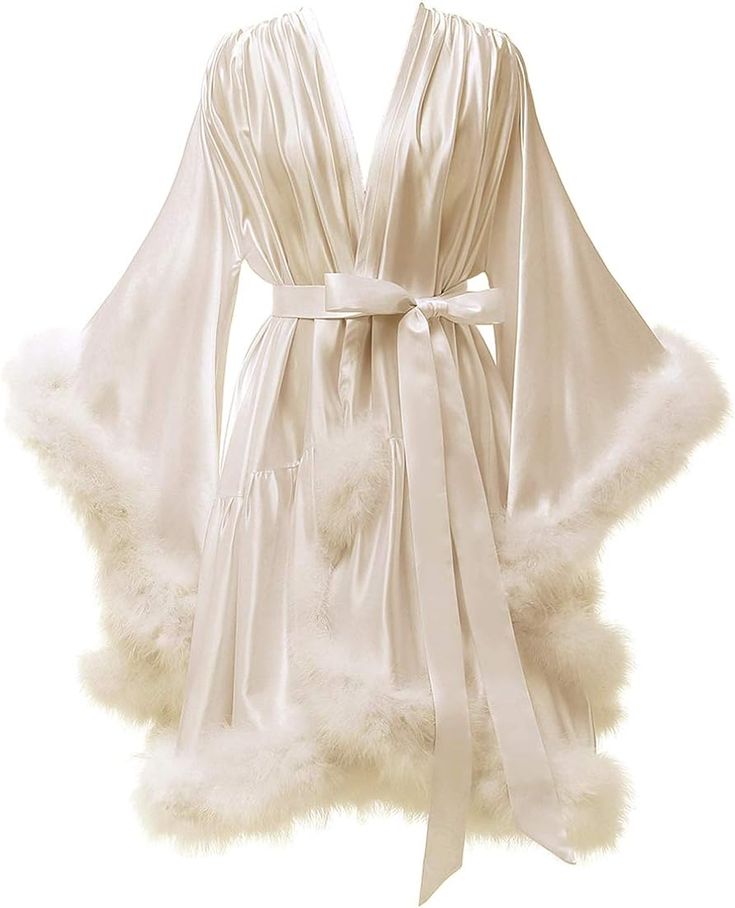 Women's Feather Robes Silk Satin Bridal Wedding Robe Dressing Gown Premium Lingerie Bathgown Sleepwear Blush L/XL at Amazon Women’s Clothing store Fancy Robes, Bridal Dressing Gown, Pijamas Women, Robe Silk, Crop Top Dress, Silk Robe, Dressing Gown, Fur Trim, Miss Me