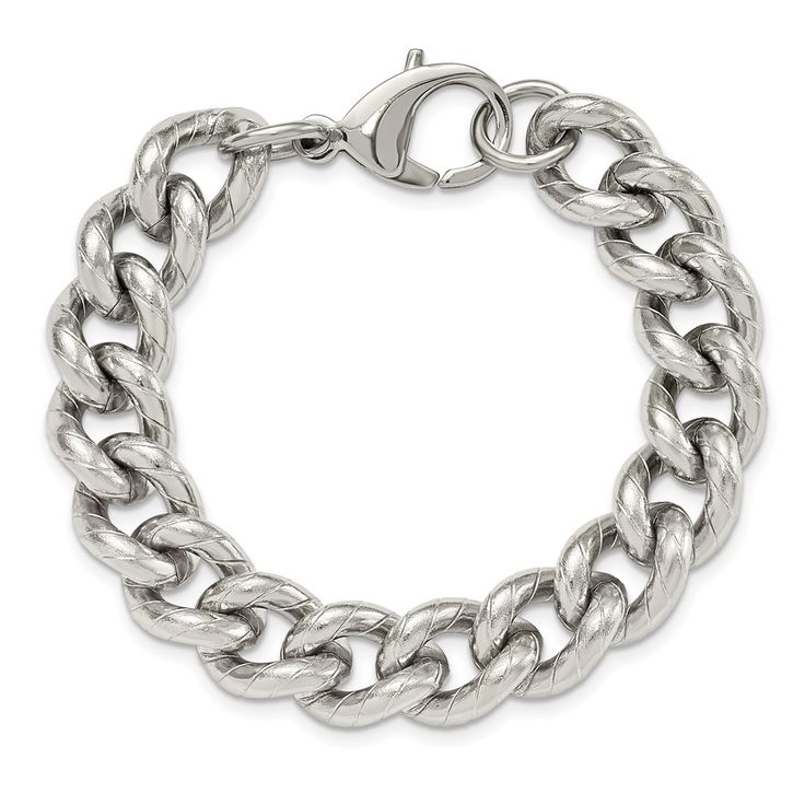 Simple and classic, this fancy stainless-steel chain bracelet features a polished and textured curb style links. It is approximately 14.5mm (9/16 inch) in width by 8 inches in length, which includes the fancy lobster clasp. Stainless Steel Texture, Curb Chain Bracelet, Birthday Bracelet, Stainless Steel Polish, Bow Jewelry, Chain Fashion, Metal Chain Link, Jewelry Companies, Crystal Heart