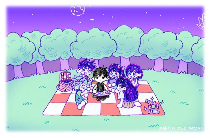 three cartoon characters sitting on a picnic blanket