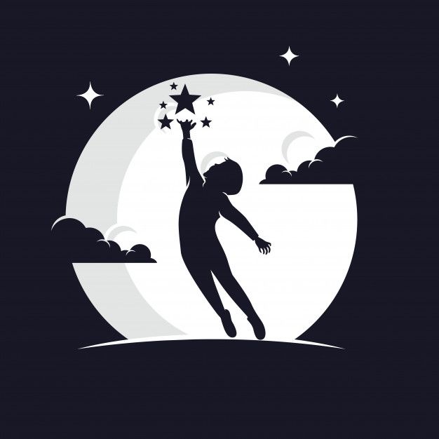 the silhouette of a man reaching for stars in the night sky with moon and clouds