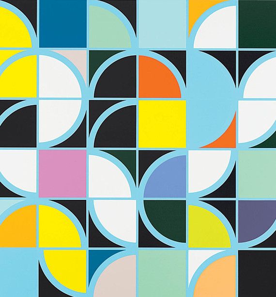 an abstract painting with circles and squares in blue, yellow, green, pink, orange