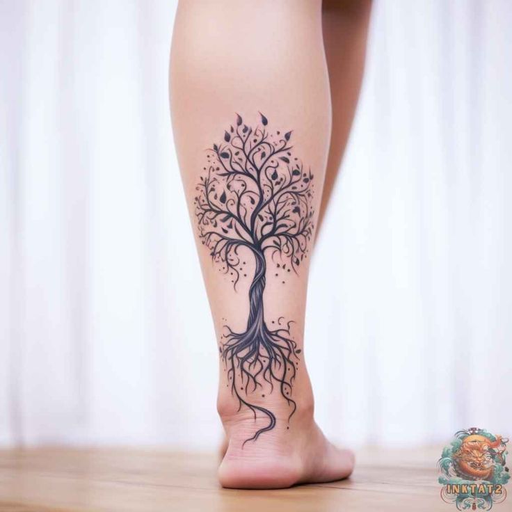 a woman's leg with a tree tattoo on it