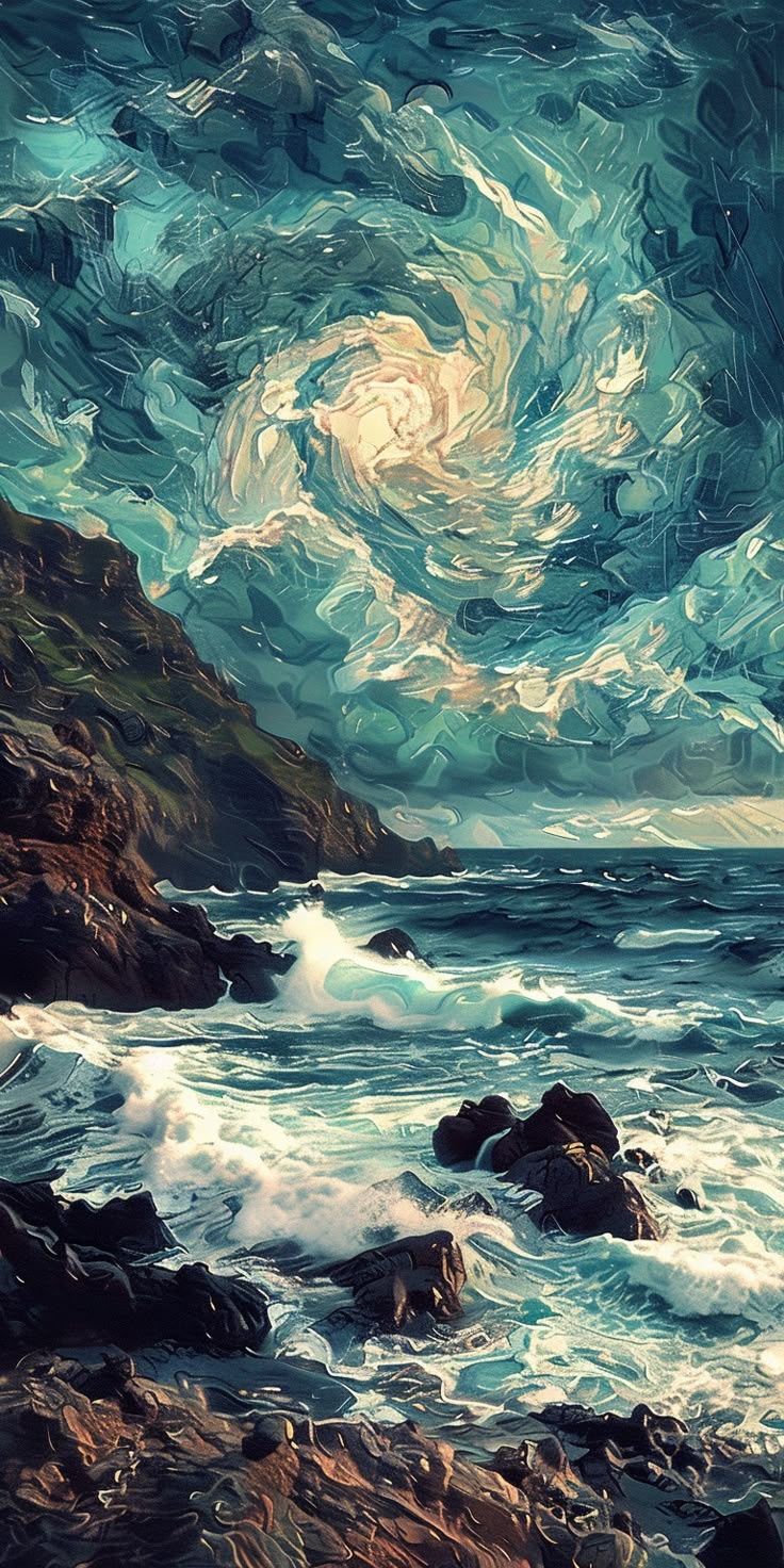 an abstract painting of waves crashing on rocks