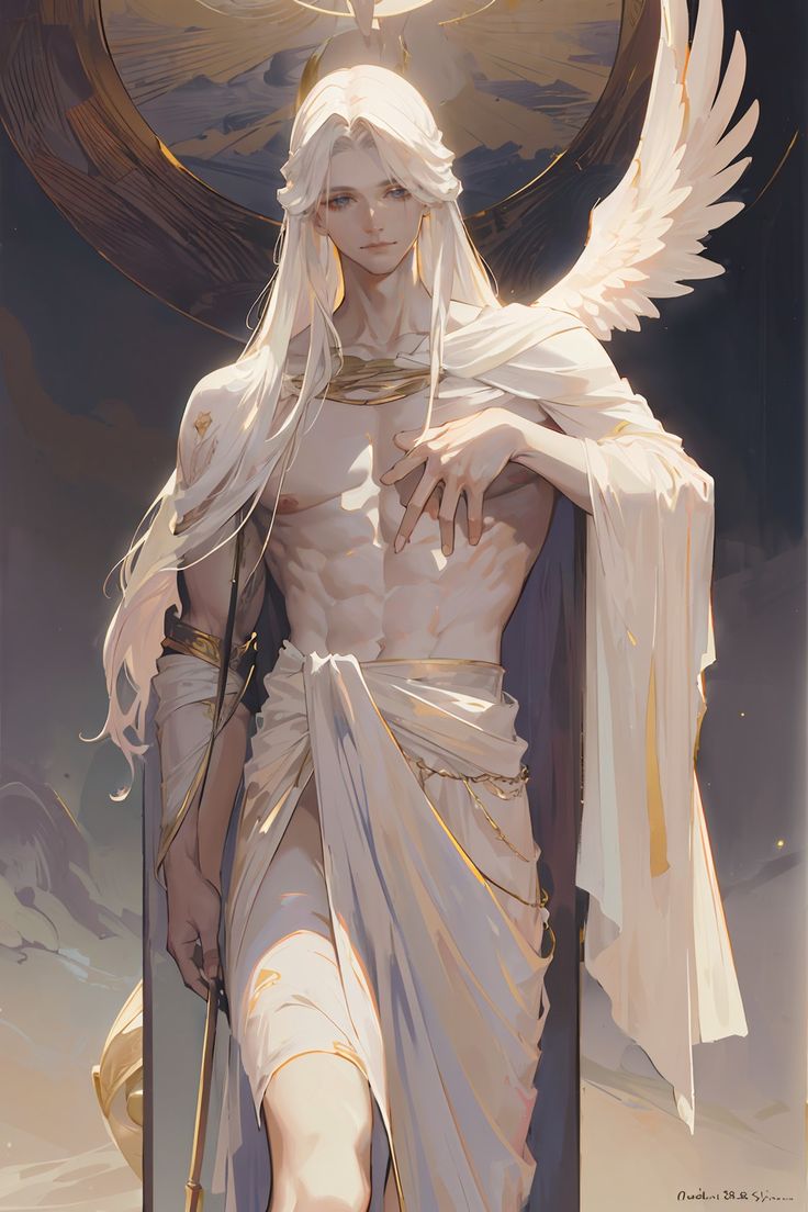 a man with white hair and wings standing next to an angel