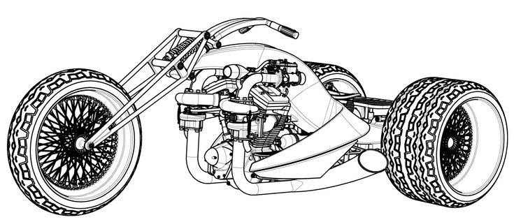 a drawing of a motorcycle with the front wheel and engine on it's side