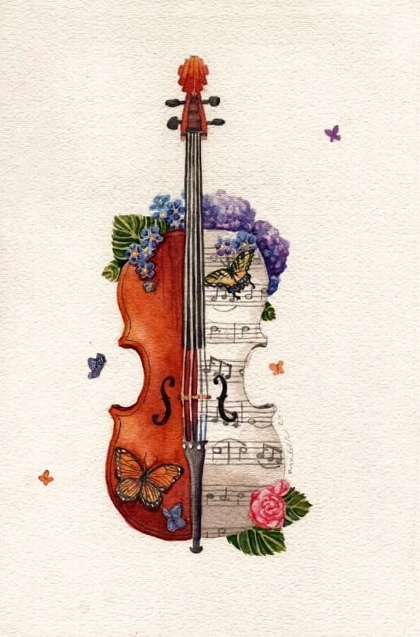 a watercolor painting of a violin with butterflies and flowers on it's back