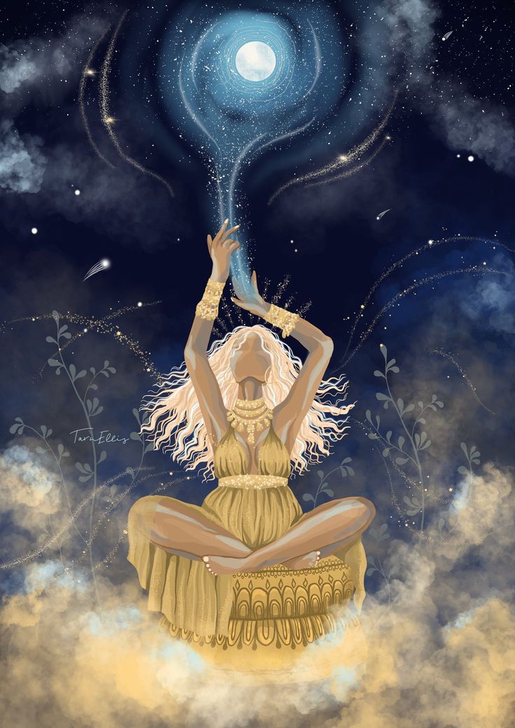 a woman sitting on top of a cloud filled sky holding a star above her head