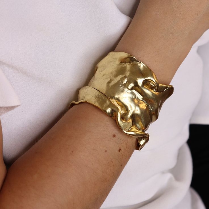 Crumpled Foil Wrist Cuff by Karine Sultan, Cuff Bracelets, Gold, Silver, Antique, Organic Shape, Fashion Jewelry, Adjustable, Gift for Her - Etsy Gold Cuff Bracelet Aesthetic, Luxury Brass Cuff Bracelet, Thick Gold Jewelry, Gold And Silver Jewelry Together, Gold Wrist Cuff, Gold Jewelry Design, Pewter Casting, Jewelry Mood Board, Medieval Illumination