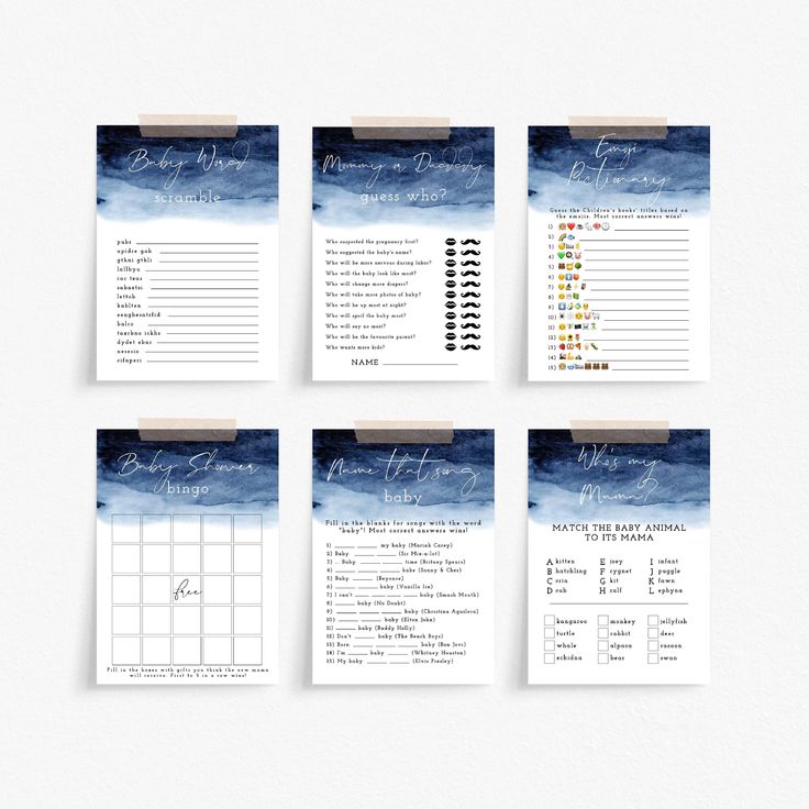 four blue and white watercolored wedding seating cards with the names of each event