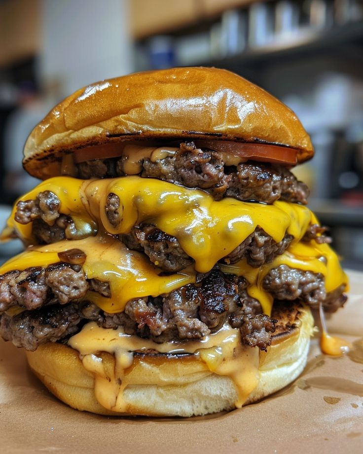 a cheeseburger is sitting on top of a table