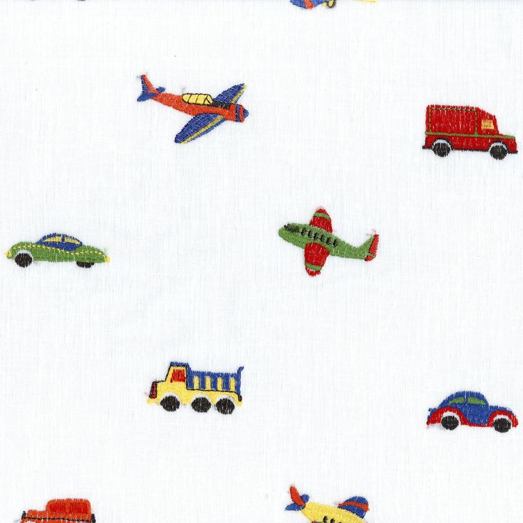 a white background with colorful vehicles and planes on it