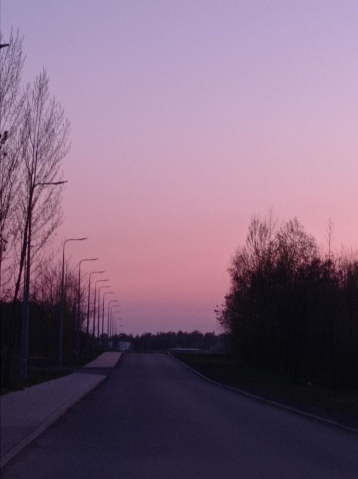 an empty street at dusk with no cars or people on the road and trees in the foreground