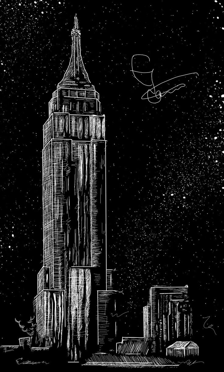 a black and white drawing of a tall building