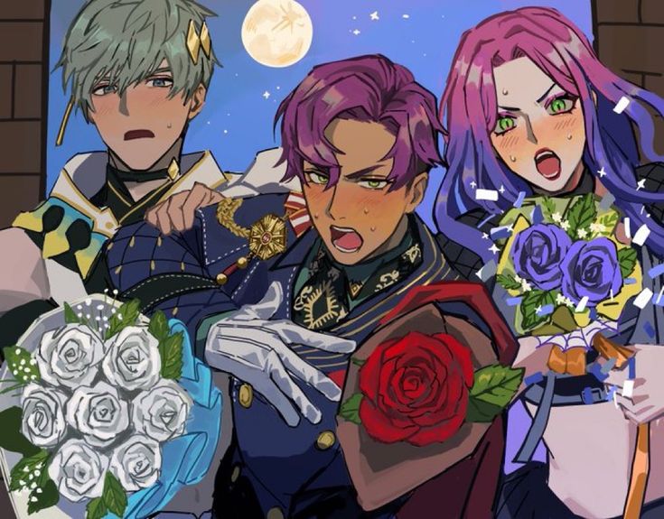 three anime characters are holding flowers and looking at the camera while one holds a bouquet