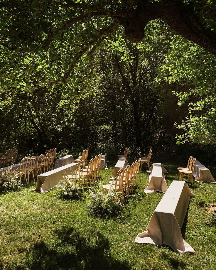 there are many chairs and tables set up in the grass