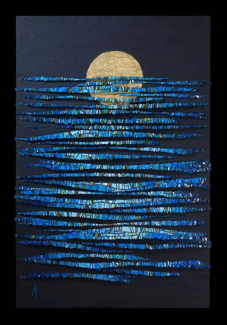 an abstract painting with blue and black lines on the bottom, and a full moon in the background