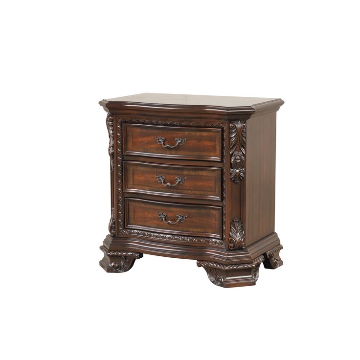 an ornate wooden night stand with drawers