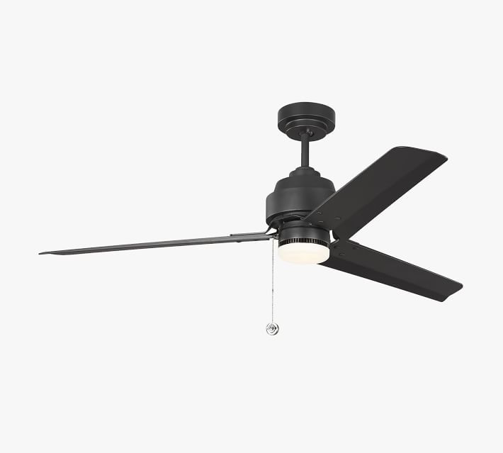 a black ceiling fan with two lights on it's blades and a light bulb