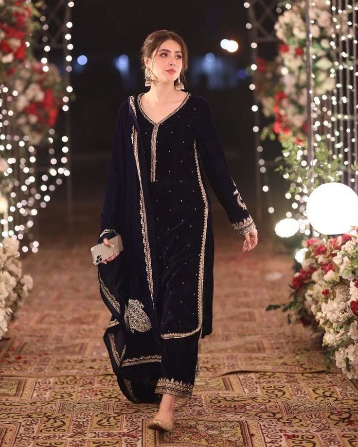 Kurta with Trouser nd dupatta  will be made  on u r order Velvet Suit Aesthetic, Black Velvet Suits Women Indian, Black Punjabi Suit Simple, Black Punjabi Suit Party Wear, Black Desi Aesthetic, Velvet Punjabi Suits Party Wear, Black Punjabi Suit, Pakistani Dresses Party, Velvet Suit Design