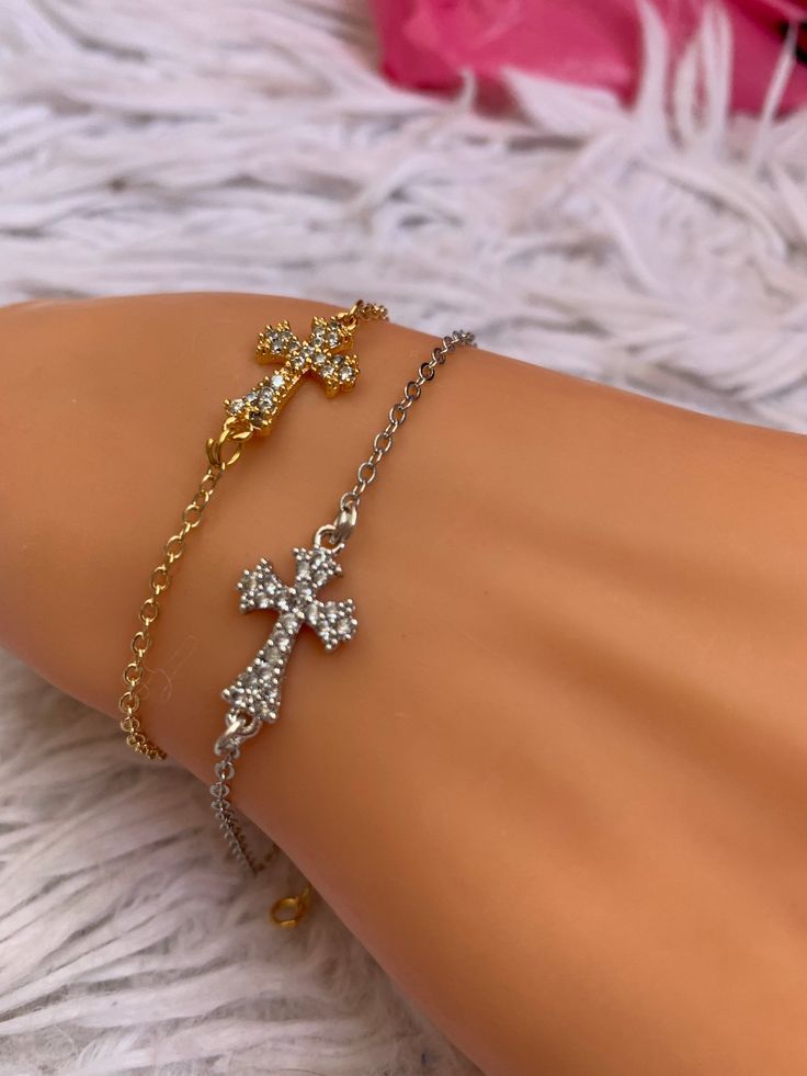 0.70''Charm Gold Plated Rhinestone Cross Charm Bracelet, Gold Cross Jewelry, Catholic Jewelry, Cross Charms, Religious Jewelry Bracelets by NalansJewellery on Etsy Dainty Cross Necklace, Charm Bracelet Gold, Dope Jewelry Accessories, Cross Charm Necklace, Jewelry Cross, Catholic Jewelry, Bracelets Gold, Rhinestone Cross, Gold Cross Necklace