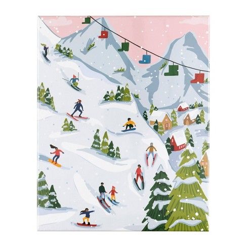 a painting of skiers skiing down a snowy hill with houses and trees in the background