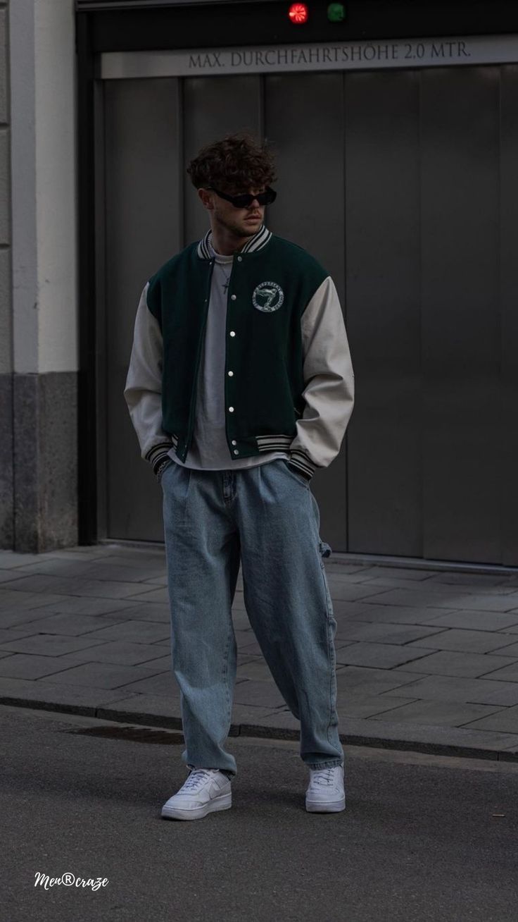 Sports jacket, blue jeans and white sneakers Vintage Streetwear Men Outfits, Vintage Streetwear Men, Baseball Jacket Outfit, Sporty Outfits Men, Jeans Outfit Men, Trendy Boy Outfits, Mens Trendy Outfits, Street Style Outfits Men, Men Stylish Dress