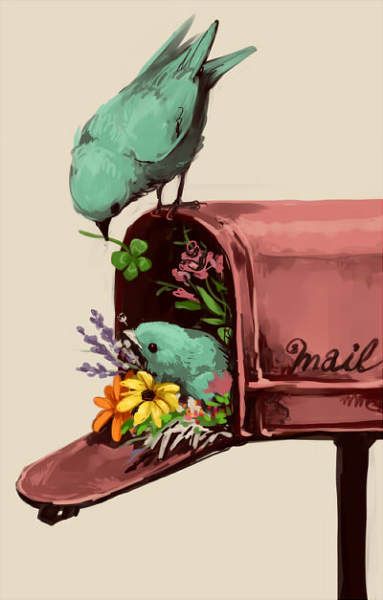 two birds sitting on top of a mailbox with flowers in the box next to it