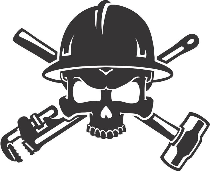 a skull wearing a helmet with two crossed wrenches and a baseball bat on it