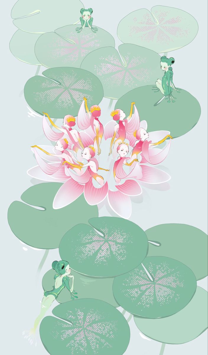 an image of flowers and lily pads in the water with green leaves on it's sides