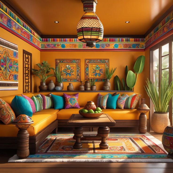 a living room filled with lots of furniture and colorful pillows on top of it's walls