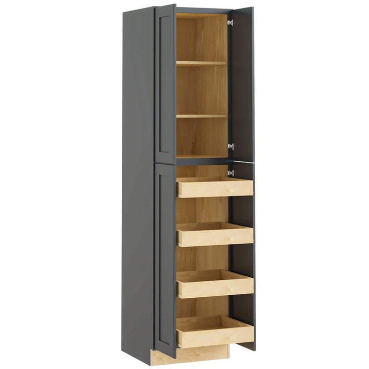 a tall cabinet with shelves and drawers on the bottom, in front of a white background