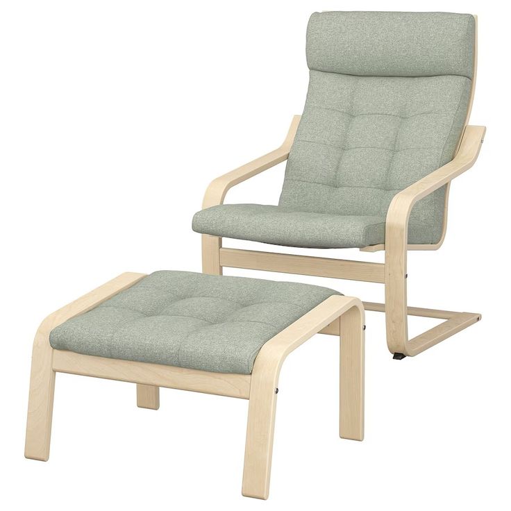 a chair and foot stool are shown with the seat upholstered in light green fabric