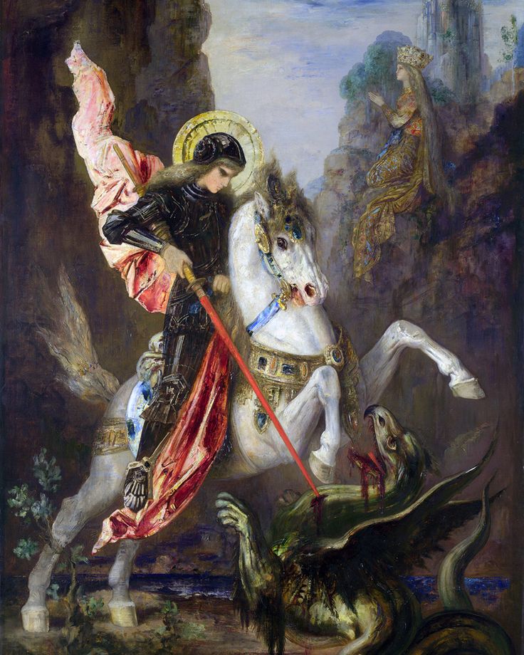 a painting of a man riding on the back of a white horse next to a dragon