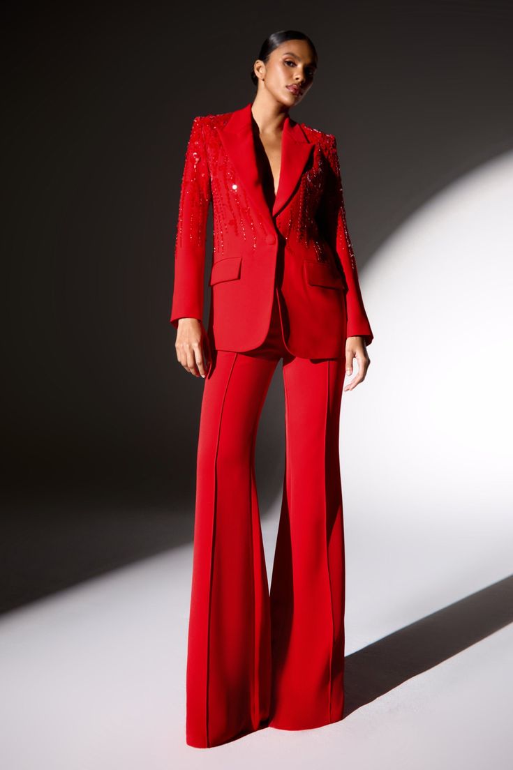 Charlotte Red Pants Nadine Merabi, Red Trousers, Dramatic Style, Pajama Suit, Wedding Abroad, Red Blazer, Co Ords, Red Pants, Slim Fit Trousers